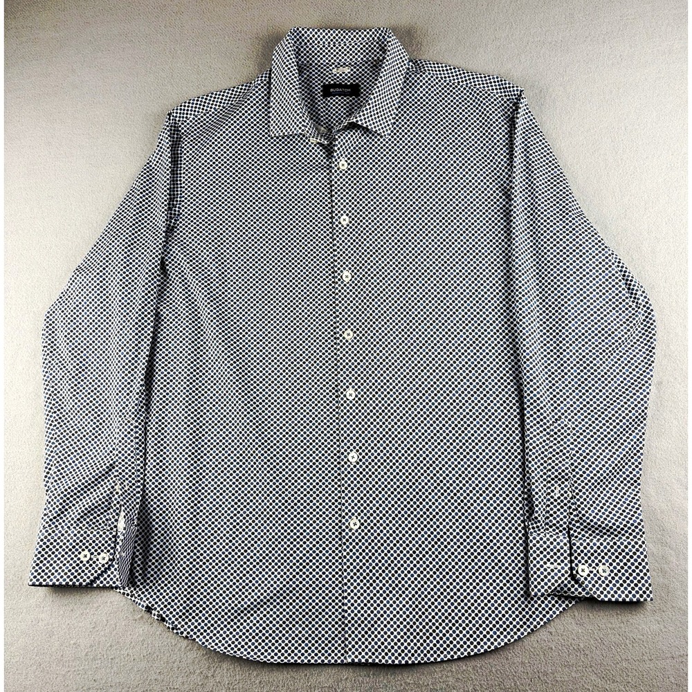Bugatchi OoohCotton Tech Cypress Shirt Men XL Blue Dot Stretch Long Sleeve